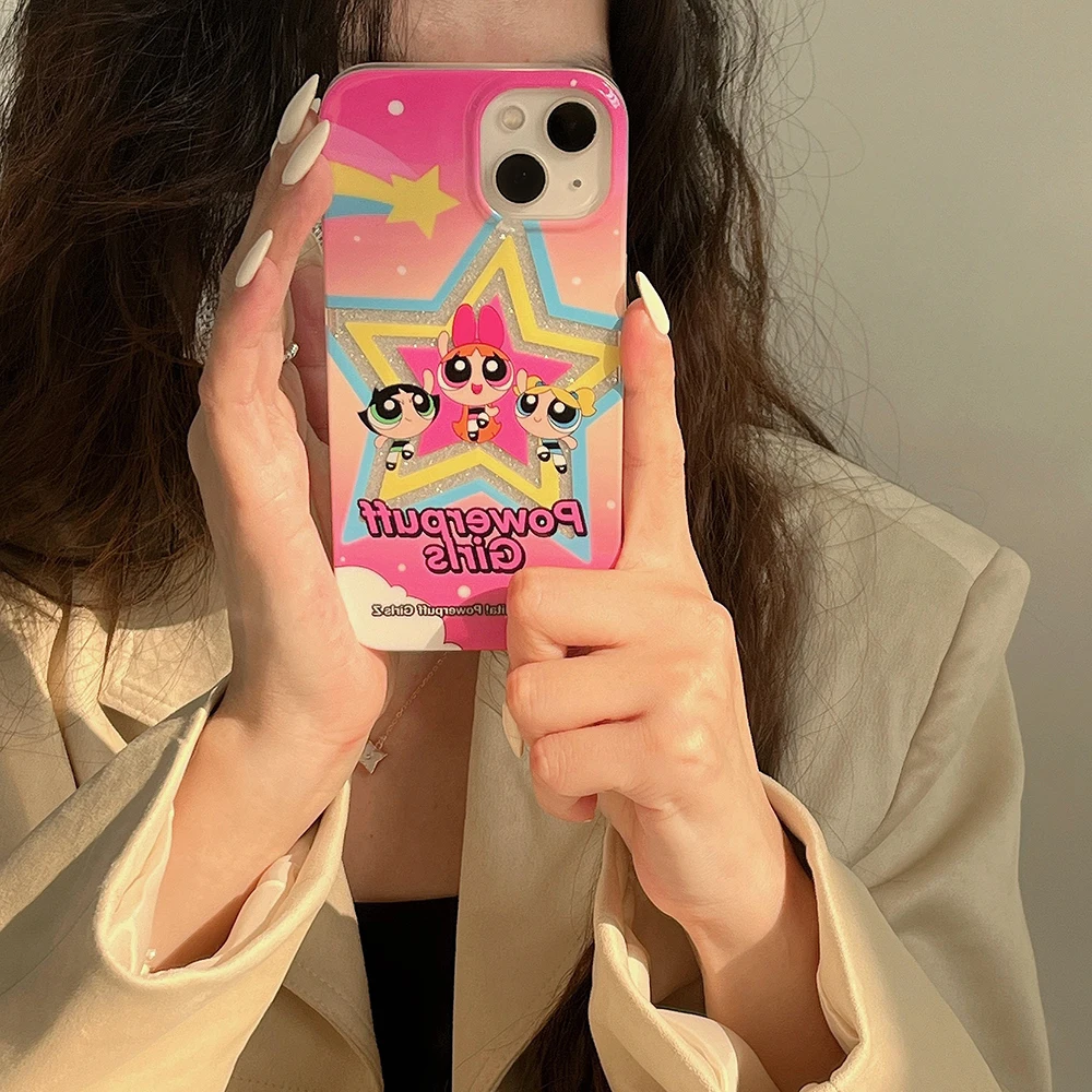 

Ins Glitter Powerpuffs Girls Phone Case for IPhone 14 13 12 11 Pro Max Plus 14pro Anti-fall Painting Back Cover Y2k Girl