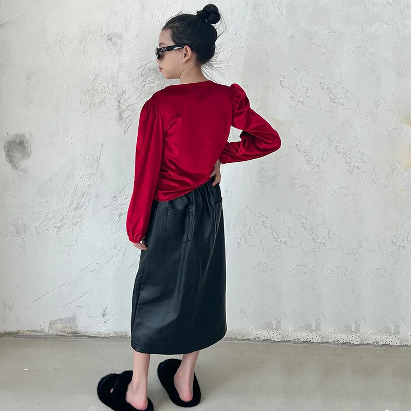 Красная футболка для маленьких девочек винтажная с пышными рукавами весна-осень