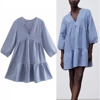 blue plaid ruffle mini woman dress summer chic smock design pleated women long sleeve casual short vestidos 2022