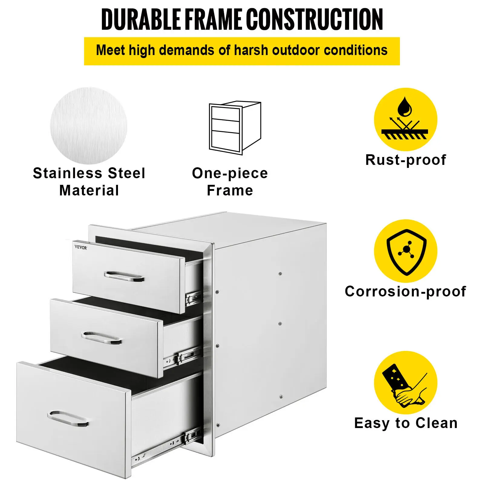 

Stainless Steel BBQ 3-Drawer Storage 45x58 cm Kitchen Drawers Door Chrome Plated