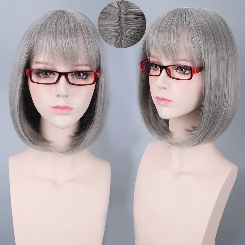 

High Quality High Temperature Resistant Bob Wig Female Short Hair Fuffy Face Trimming Bobo Smoky Gray Granny Gray