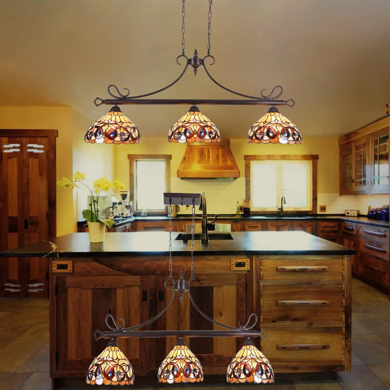 

Large Tiffany Dining Room Pendant Light Pool Table Lights 3-Light Stained Glass Chandelier For Kitchen Island Rustic Home Decor