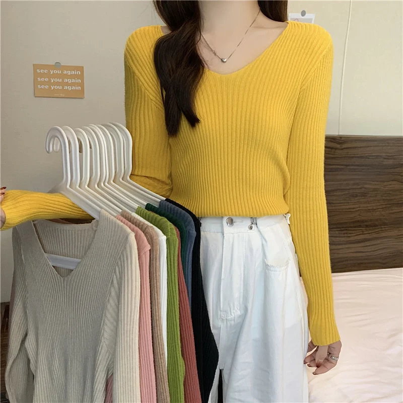 

Women's long sleeved sweater, V-neck solid knitted pullover, basic office coat, 2022
