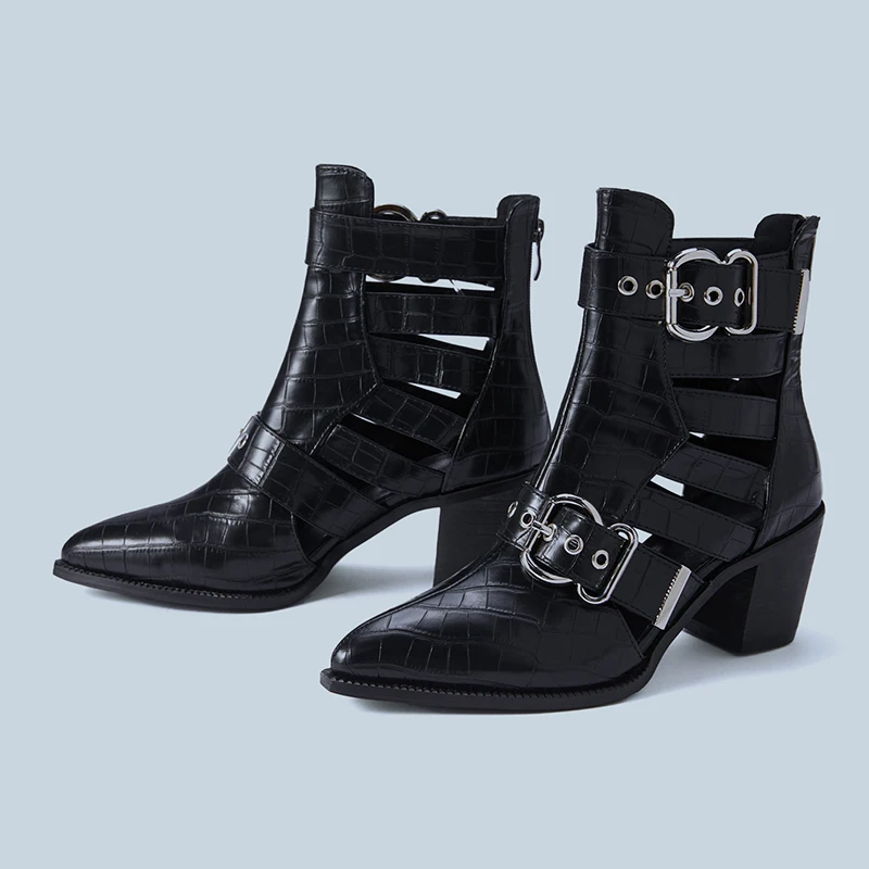 Thick Heel Stone Grain Pointed Woman Boots Hollow Buckle PU Leather Ankle Boots Sexy Spring Autumn Street Motorcycle Shoes Black
