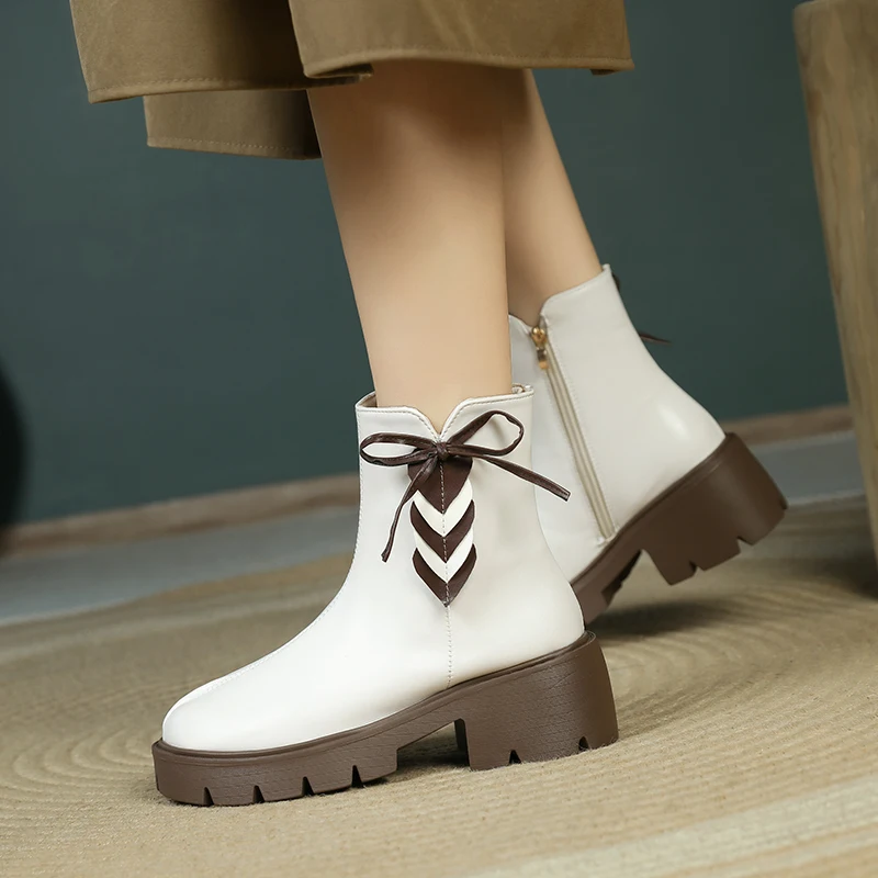 

Новинка 2023, осенне-зимние модные женские ботильоны для офиса, женский ремешок, Лаконичные кожаные ботинки на платформе и толстом высоком ка...