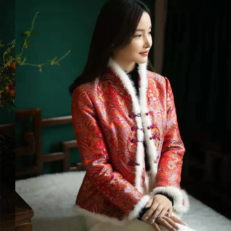 Parka Women's Short Coats Jackets 2022 Winter Cotton-Padded Prints Splicing Stand Collar Chinese Style Warm Skinny Parkas Woman