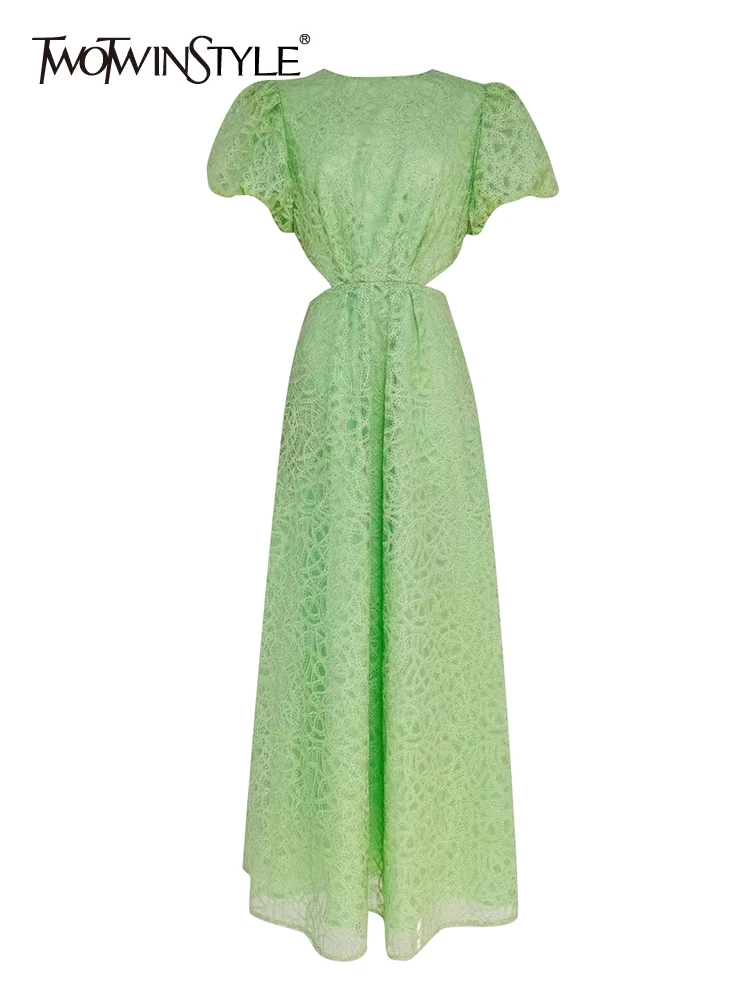 

TWOTWINSTYLE Embroidered Summer Dresses For Women 2022 Round Neck Puff Sleeve High Waist Midi Dress Female Clothing Fashion New
