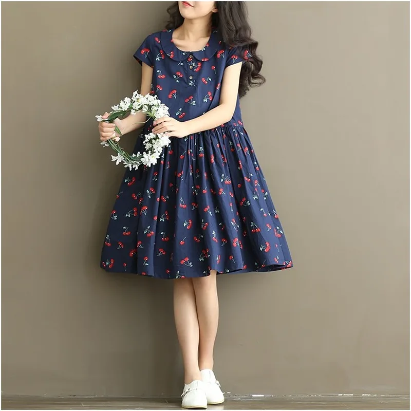 

Summer Cherry Print Short Sleeve Dress Cottagecore Women Sweet Peter Pan Collar Loose Casual Cotton and Linen Dresses Plus Size