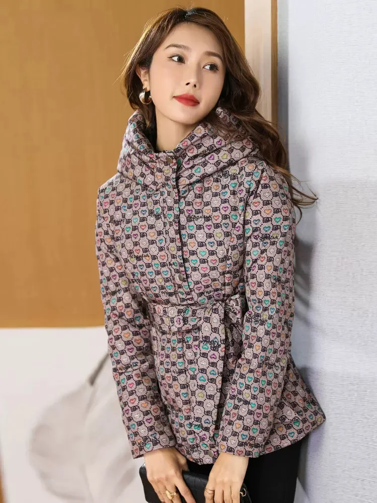 New Women Lightweight Down Jacket Autumn Winter Casual Fashion Hooded Love Print Slim White Duck Down Coat Warm Outerwear Female