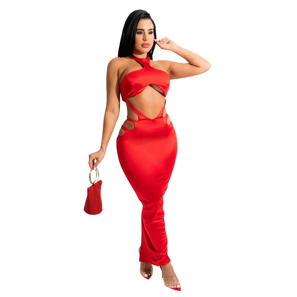 

Znaiml 2022 Party Club Halter Shiny Silk Solid Sexy Dresses For Women Hollow Out Hole Tight Slim Vestidos Elegant Girls Summer