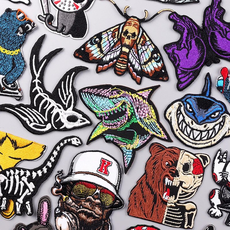 

Shark/Bear Patch Iron On Patches For Clothing Hip Hop Animal Embroidery Patches On Clothes Punk Fusible Patch For Clothes Badges