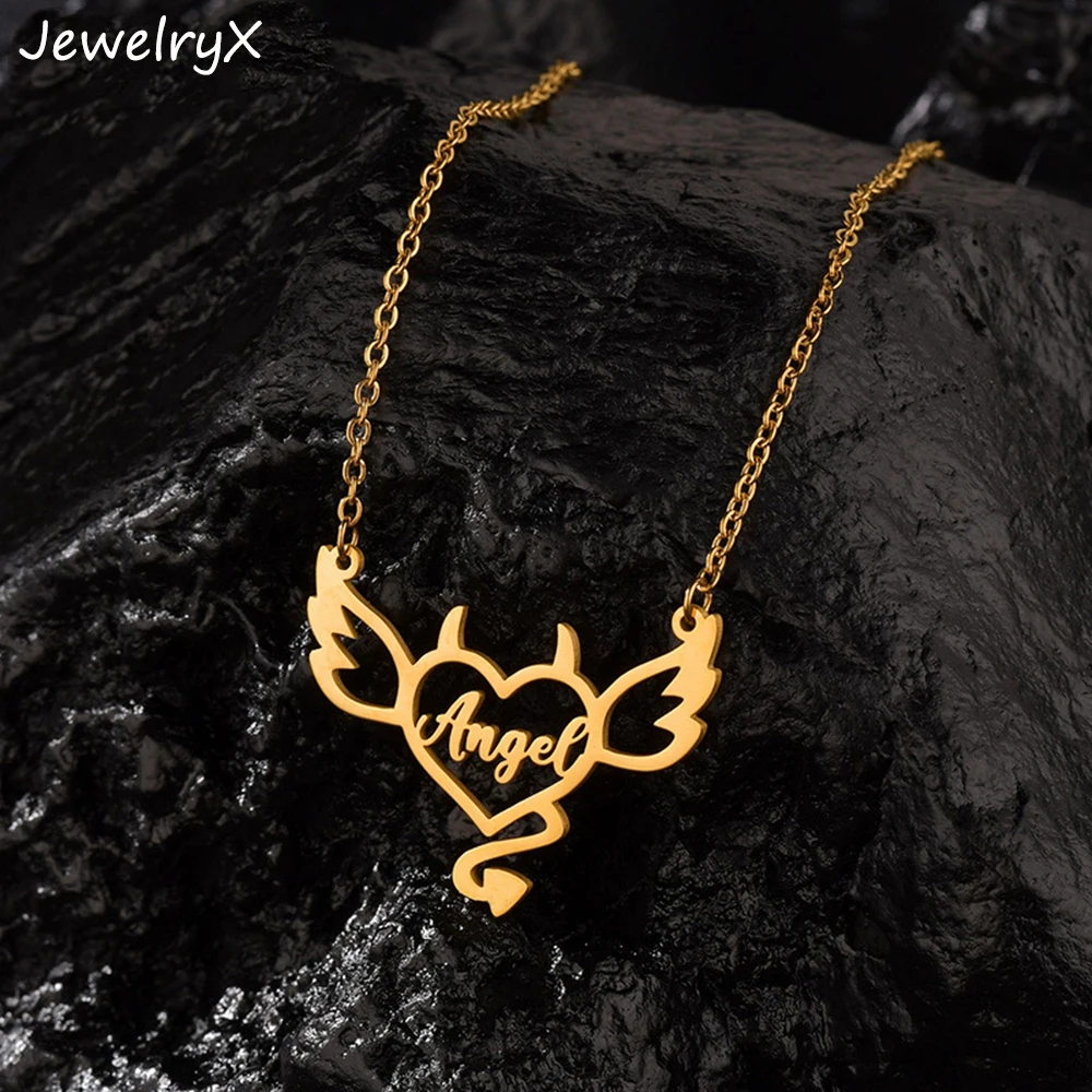 

JewelryX Custom Devil Angel Name Necklace Personality Stainless Steel Heart Wing Nameplate Pendant Choker For Women Jewelry Gift