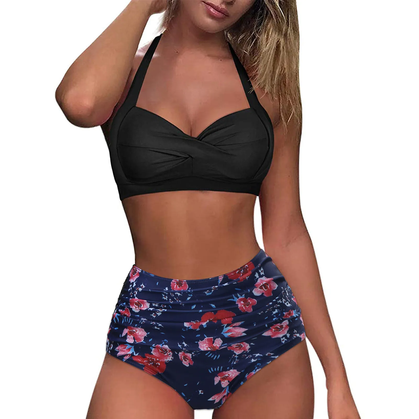 

Women Halter Swimsuits Solid Print Bikini Sets Female Pleated High Waist Swimwear Polka Dots Beachwear Swimming Bathing Suit