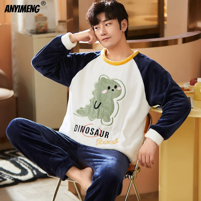 

Cute Dinosaur Printing Young Man Pajamas Winter New Soft Flannel Pijamas for Men Leisure Pyjamas for Man Boys Monster Sleepwear