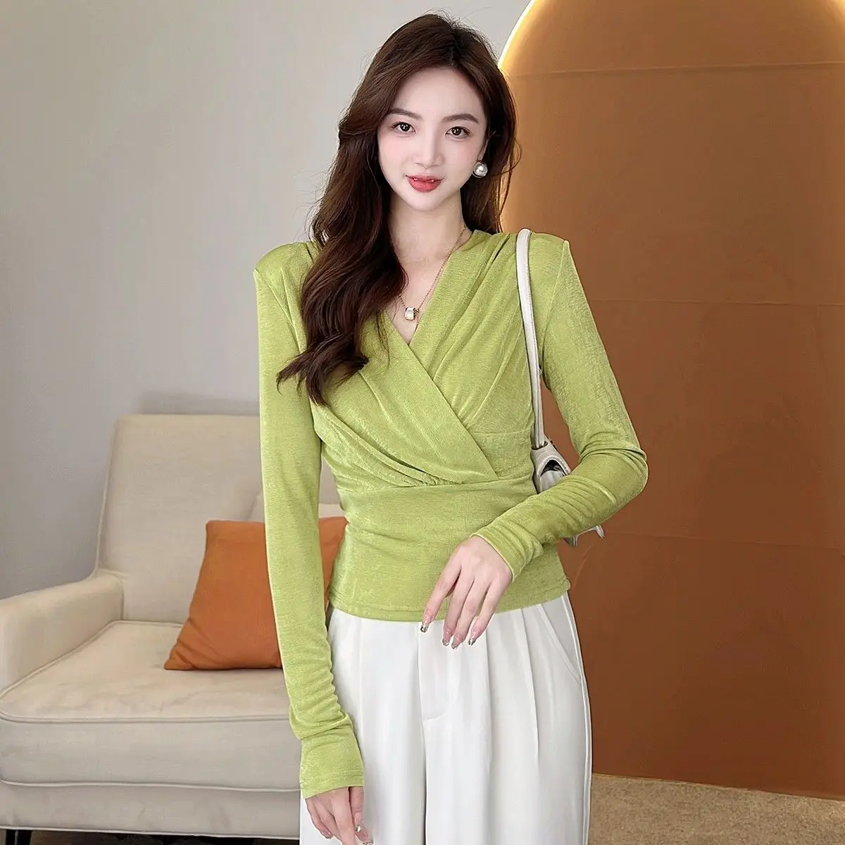 

Women 2023 Spring Autumn New V-neck Shirt Tops Female Short Solid Color Blouses Tops Ladies Long Sleeve Casual Shirts W209
