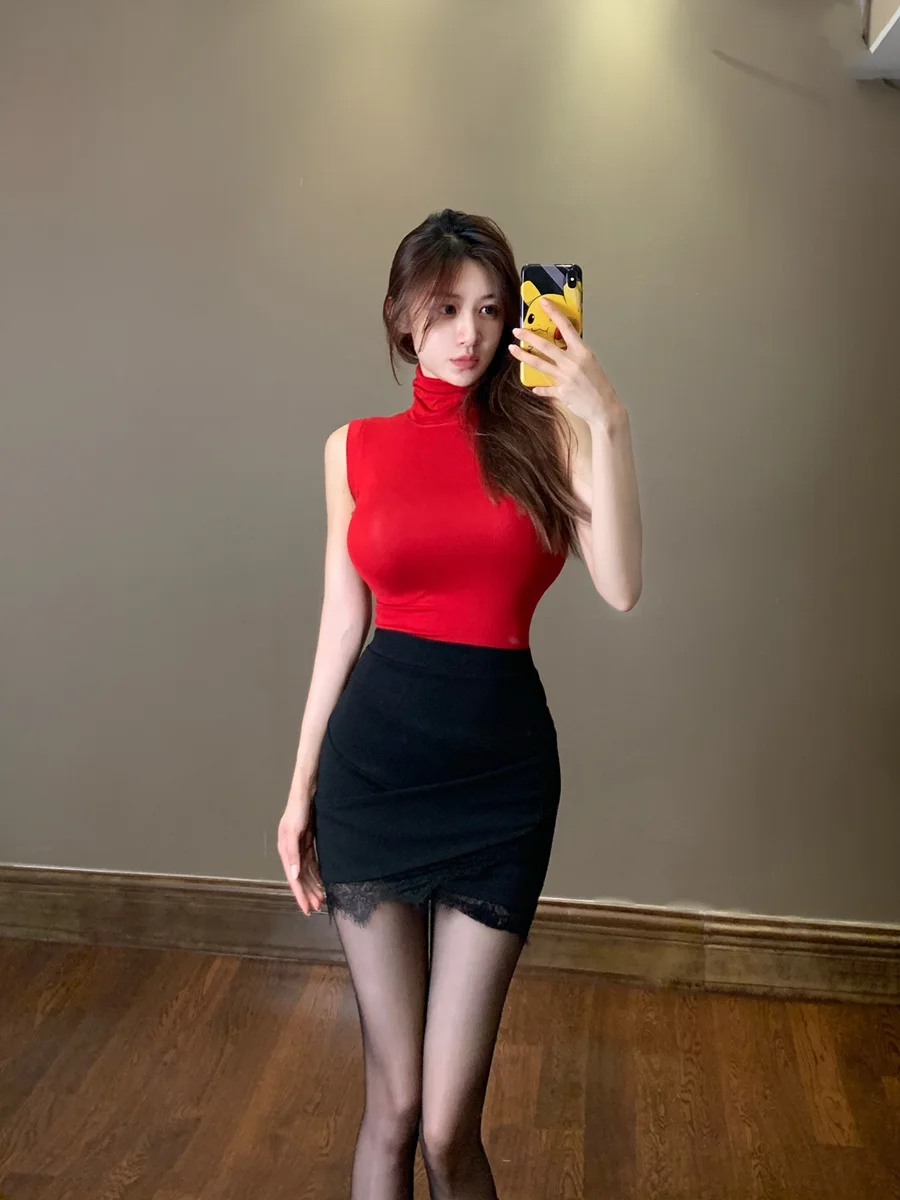 

Красные милые сексуальные тонкие футболки, прозрачная Осенняя Базовая рубашка, водолазка, модные милые женские топы 2023 CN9C