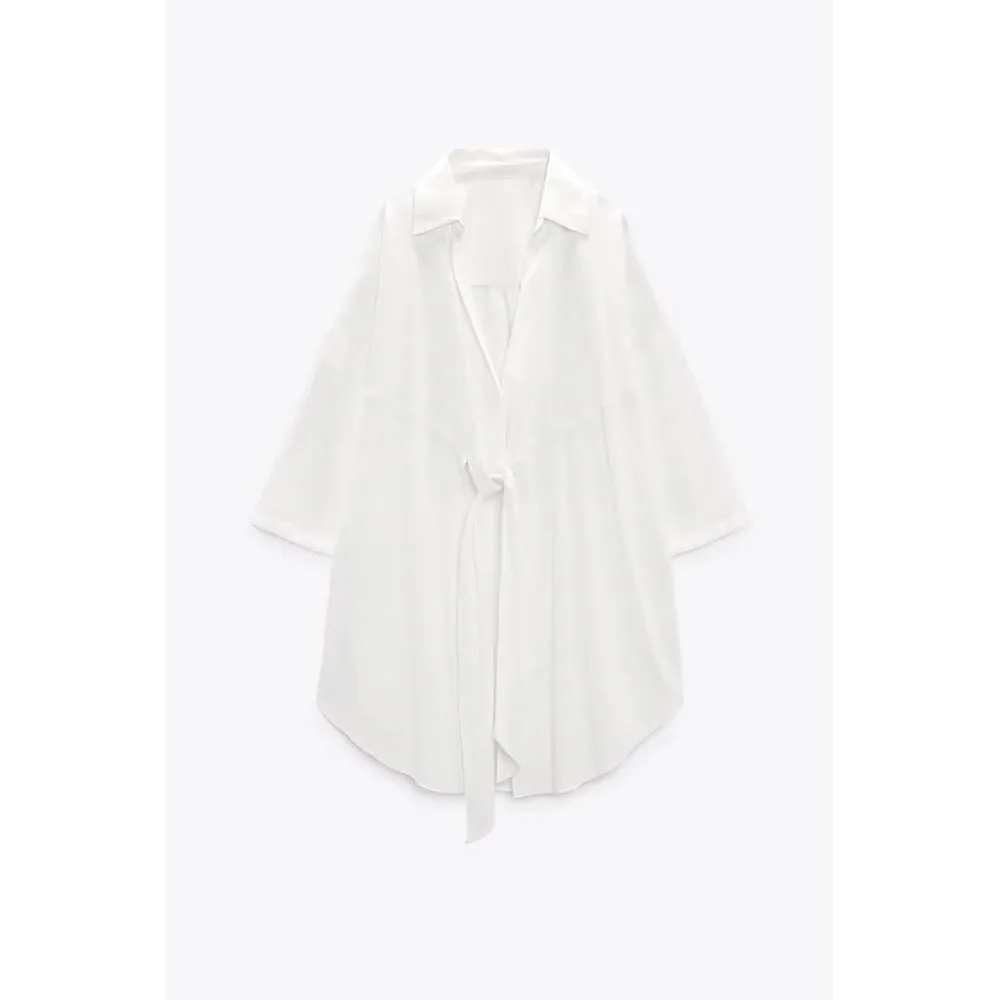

Early autumn new fashion women's temperament casual trend all-match V-neck mid-length sleeves knotted cotton long shirt