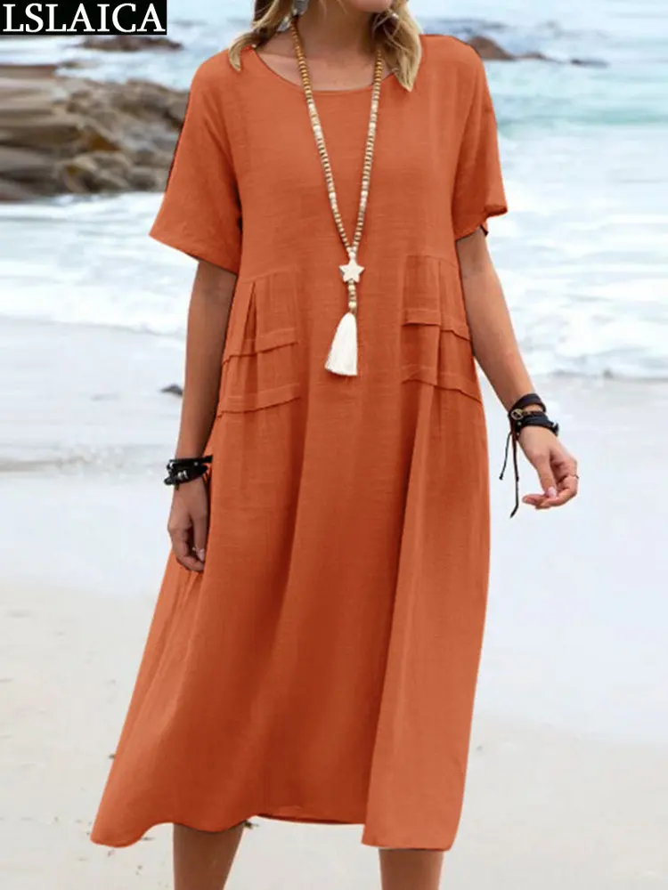 

Модные женские летние платья 2023 одежда с круглым вырезом элегантное платье больших размеров высококачественное роскошное платье с коротким рукавом Новинка свободное однотонное платье