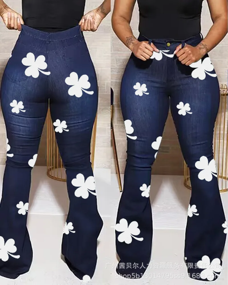 

Женские длинные расклешенные джинсы с высокой талией и принтом, модель 2023 года, обтягивающие повседневные узкие брюки-карандаш с высокой талией на осень