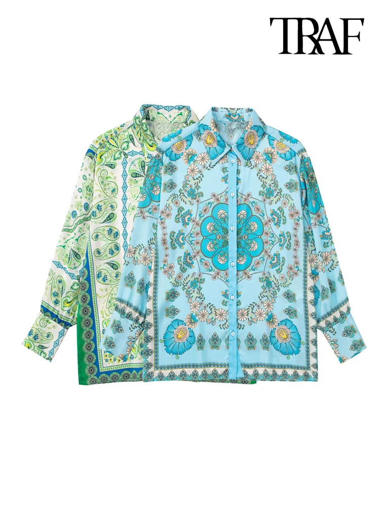 

TRAF Women Fashion Floral Print Loose Flowing Shirts Vintage Long Sleeve Side Vents Female Blouses Blusas Chic Tops