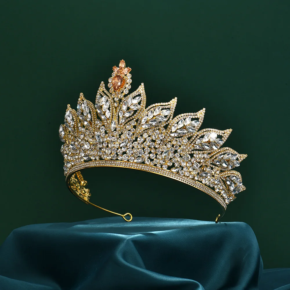 New AAA Zircon Gold CZ Tiara Wedding Crown Headpieces for Bride Luxury Bridal Hair Accessories