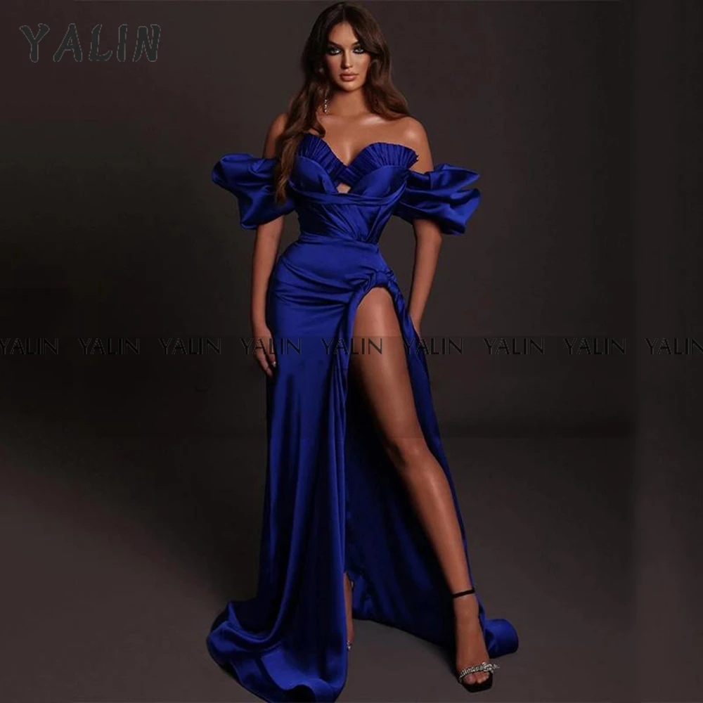 

YALIN Sexy High Split Evening Dress Off The Shoulder A-Line Party Dress Floor Length Royal Blue Satin vestidos de fiesta largos
