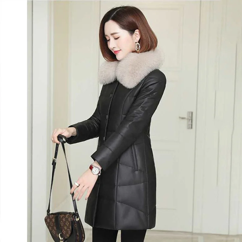 

100% натуральная кожа Новинка Зима 2024 кожаный пуховик средней длины Женское пальто из овечьей кожи облегающее меховое пальто