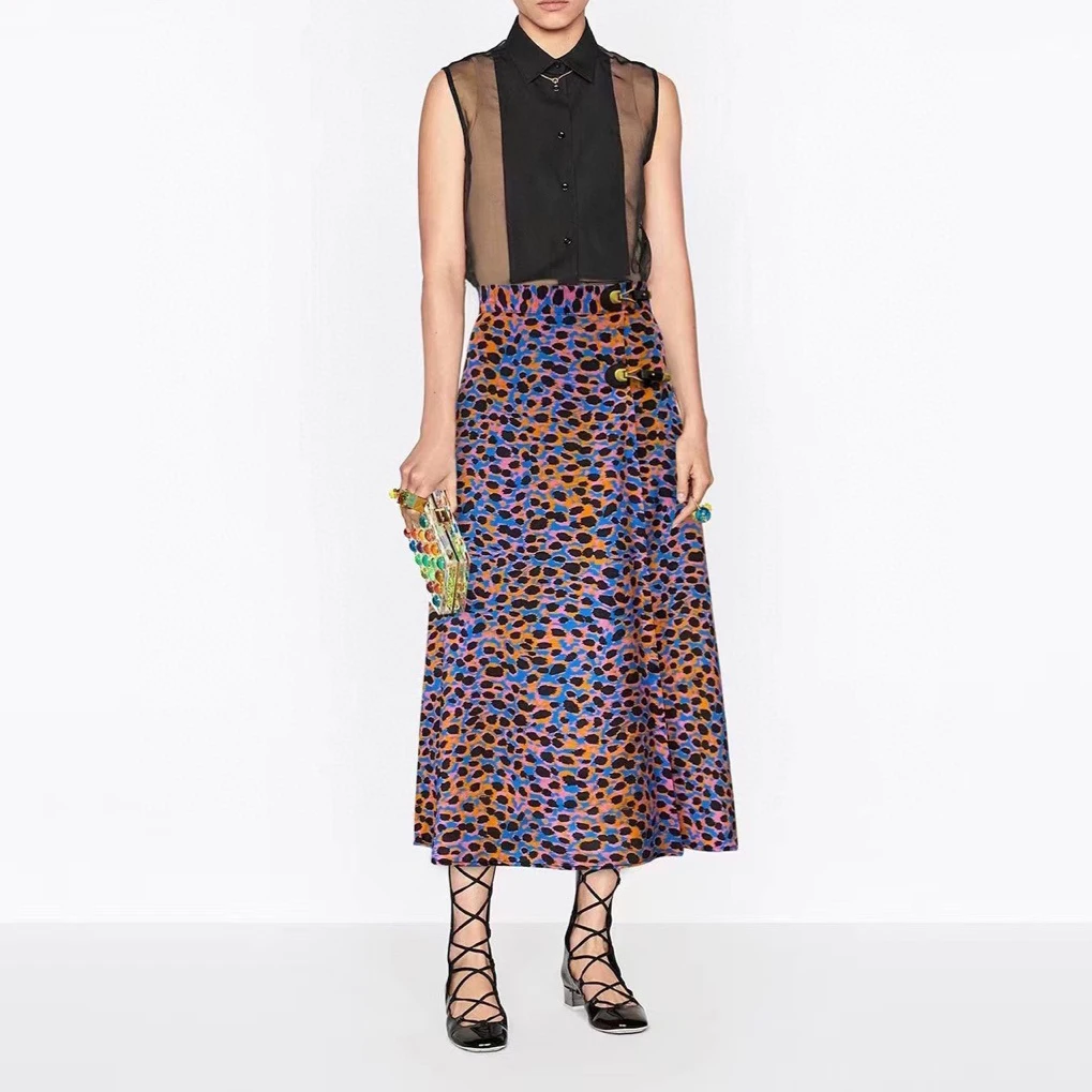 

2022 summer new high-quality mulberry silk skirt, temperament commuter digital printing silk slit leather buckle skirt female