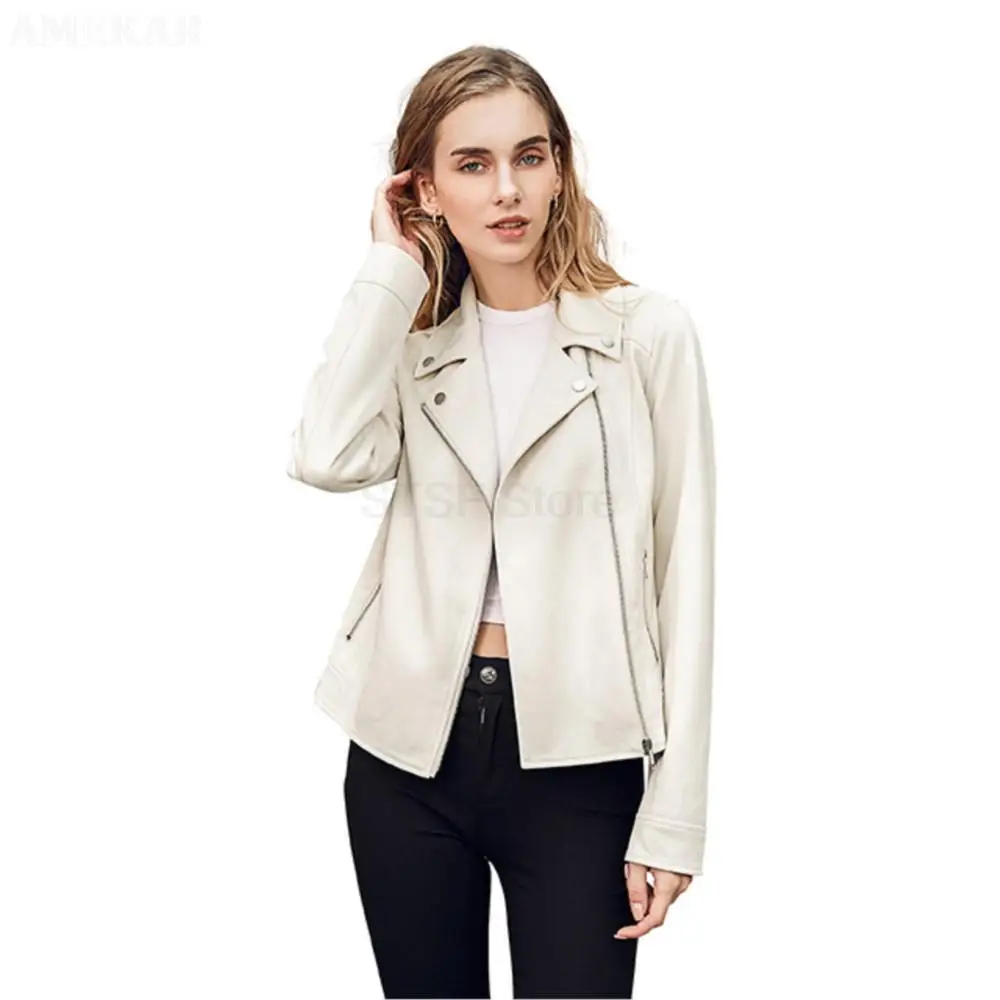 Women Real Suede Pure Color Jacket Long Sleeve Zipper Pocket Short Moto Biker Coat Ladies Lapel Genuine Leather Leisure Top