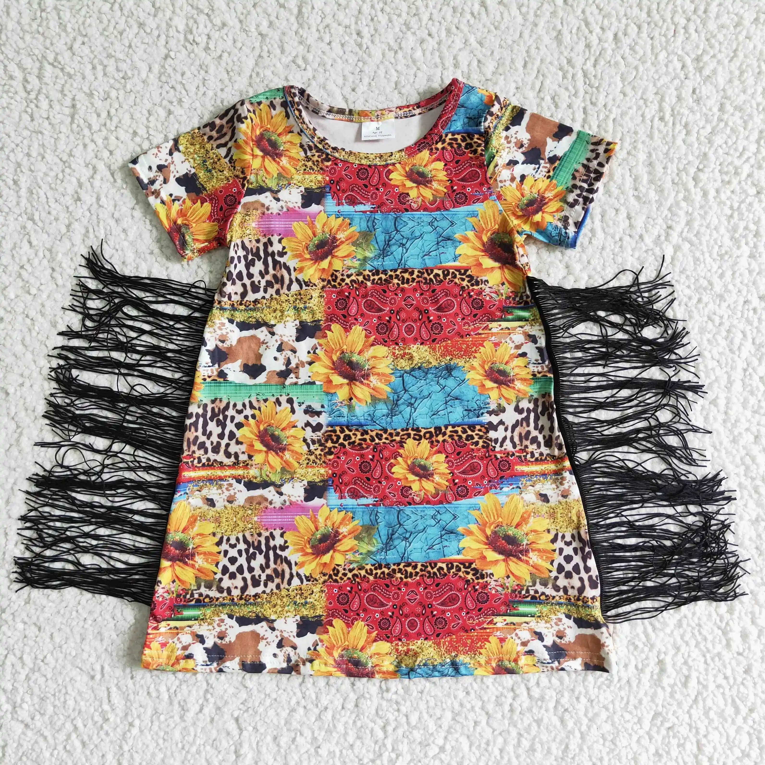 

Sunflowers Dress With Fringe Baby Girls Boutique wholesale Clothing Children Short Sleeves Twirl dresses Kids Popular Skirts