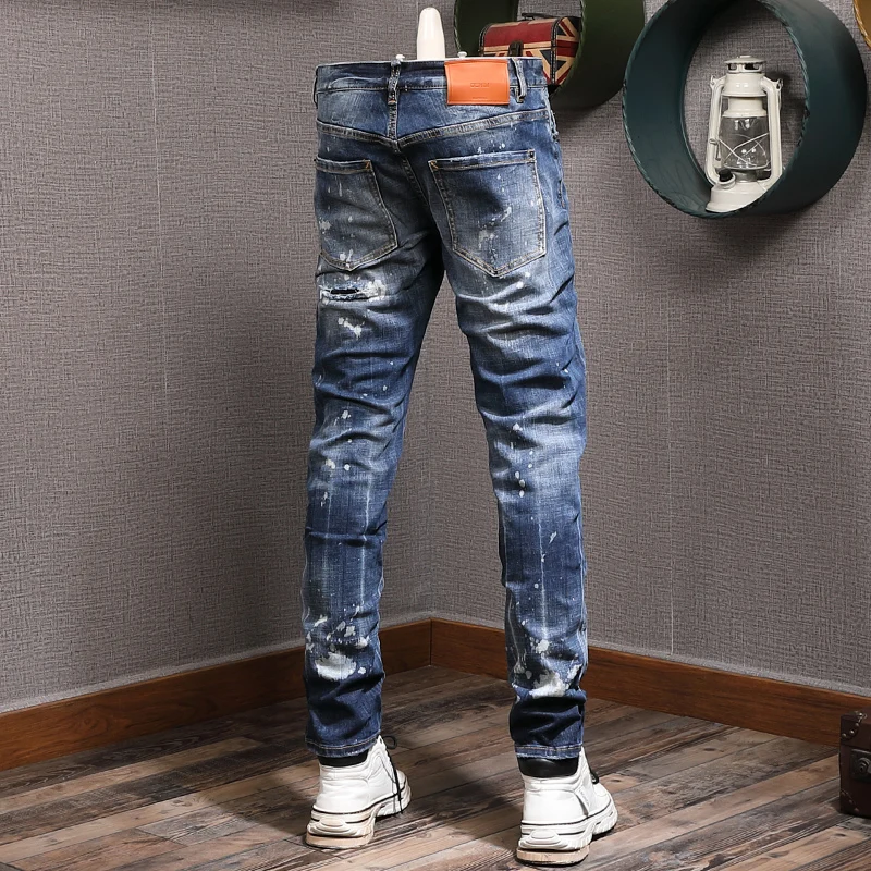 Fashion Streetwear Men Jeans Retro Blue High Quality Elastic Slim Fit Hole Ripped Jeans Men Painted Designer Hip Hop Brand Pants