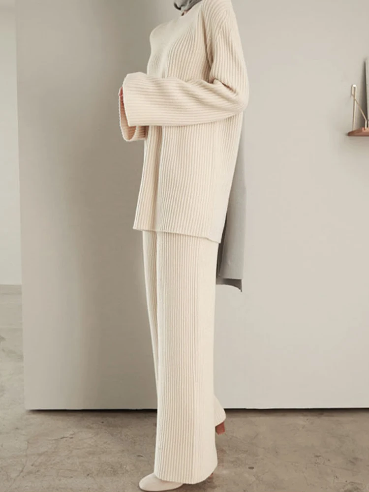 

Casual Knitted Suit Loose Pullover Knitted Sweater + Wide Leg Pants Two-Piece Set 2022 Autumn New Fashion Women'S Clothing