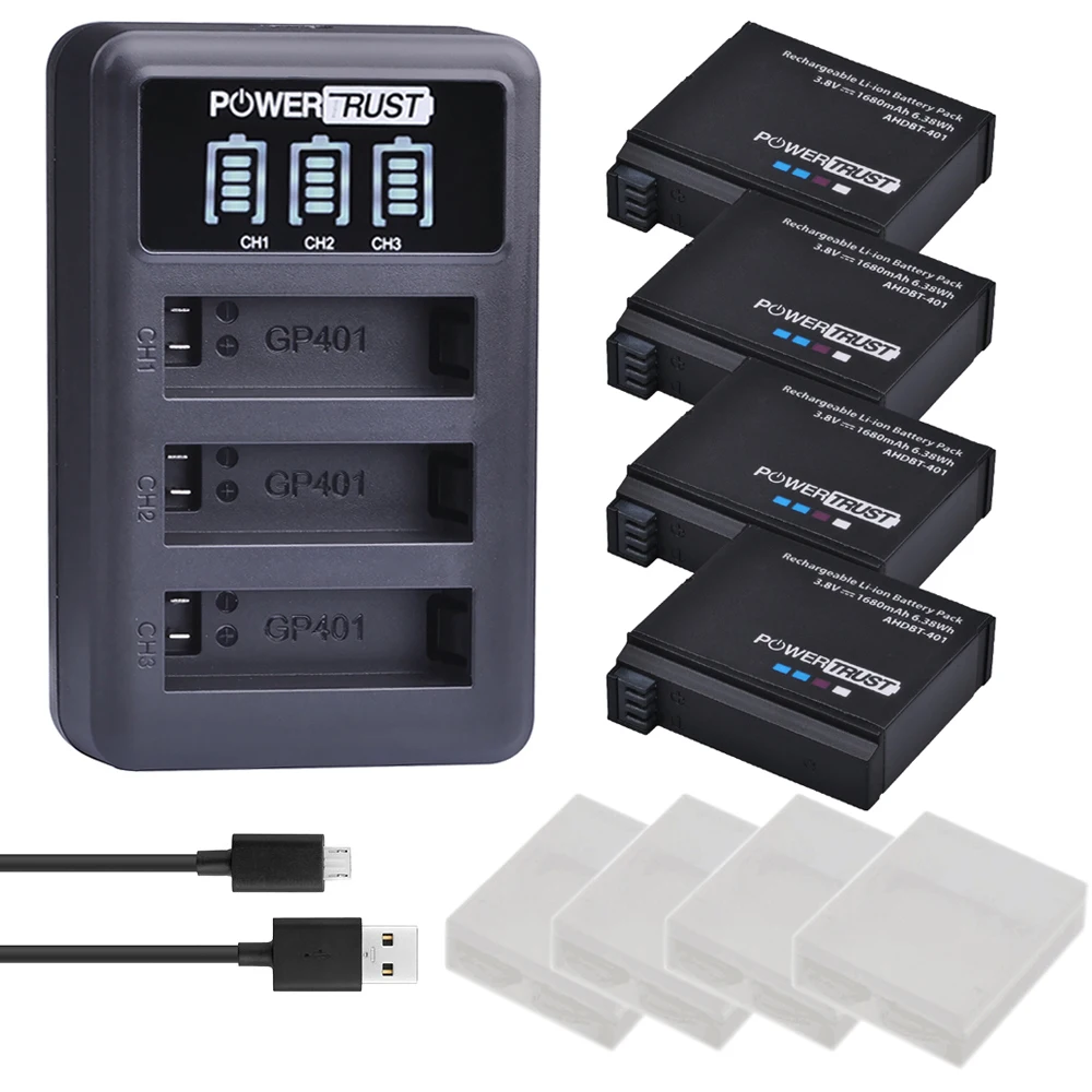 AHDBT-401 Аккумулятор 1680 мАч + светодиодный USB-зарядное устройство с 3 слотами для Gopro