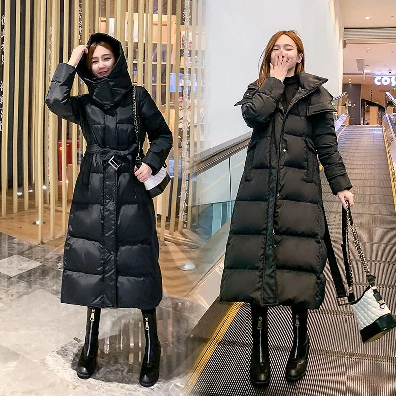White Down Coat Black Cotton Coat Women Winter Korean Style Slim X-Long Over Knee Coat Hooded Thick Padded Jacket Parka