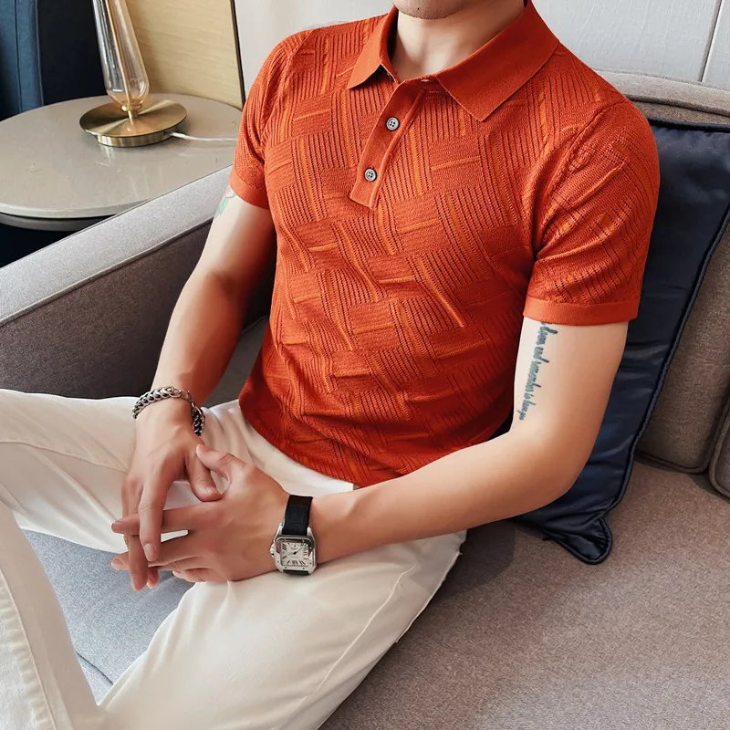 

2023 Korean Style Men's Summer Hollow Out Knitting Polo Shirts/Male Slim Fit Plaid Fashion Casual Short Sleeve Polo Shirt S-4XL