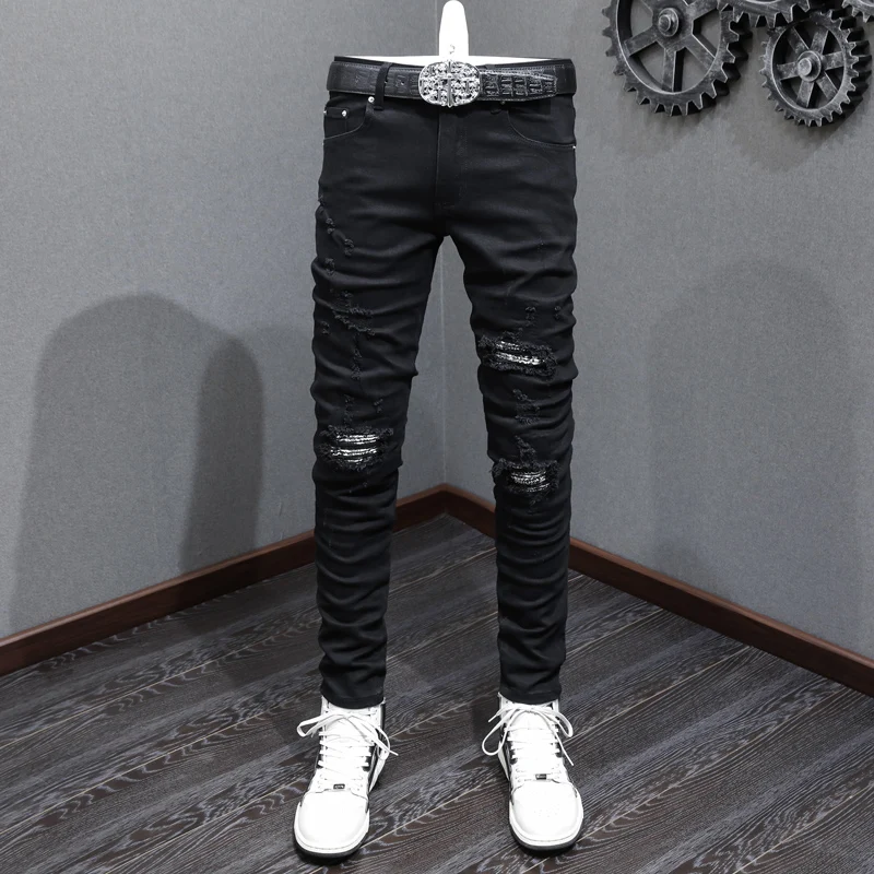 Street Fashion Men Jeans Black Elastic Stretch Skinny Fit Ripped Jeans Men Bandana Patched Designer Hip Hop Brand Pants Hombre