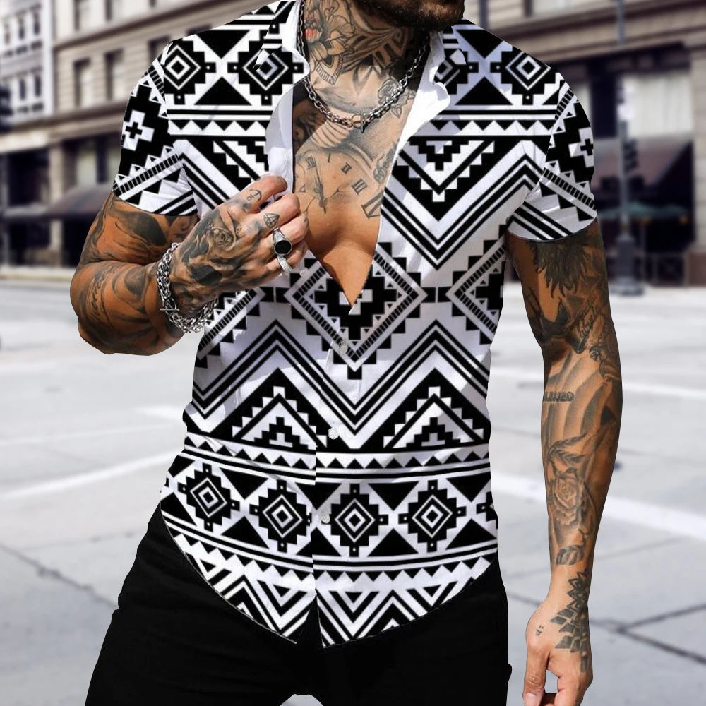 

Men Summer Polyester Short Sleeve Shirt Print Casual Hawaiian Beach Male Top Turn-down Collar T-shirts Men's Clothes Blouse