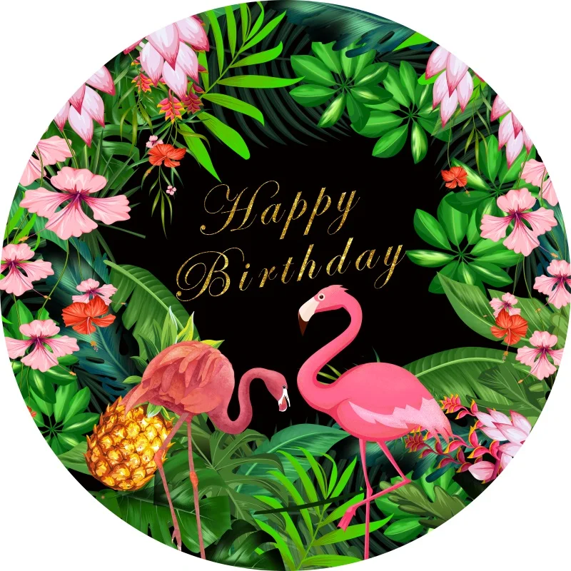 

Laeacco Flamingo Party Backdrop Summer Aloha Hawaiian Tropical Birthday Party Photoshoot Background Round Circle Cover Banner