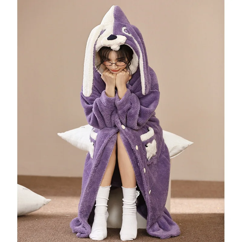 Women's pajamas winter coral fleece Sleepwear women's long robe nightgown women's winter loungewear