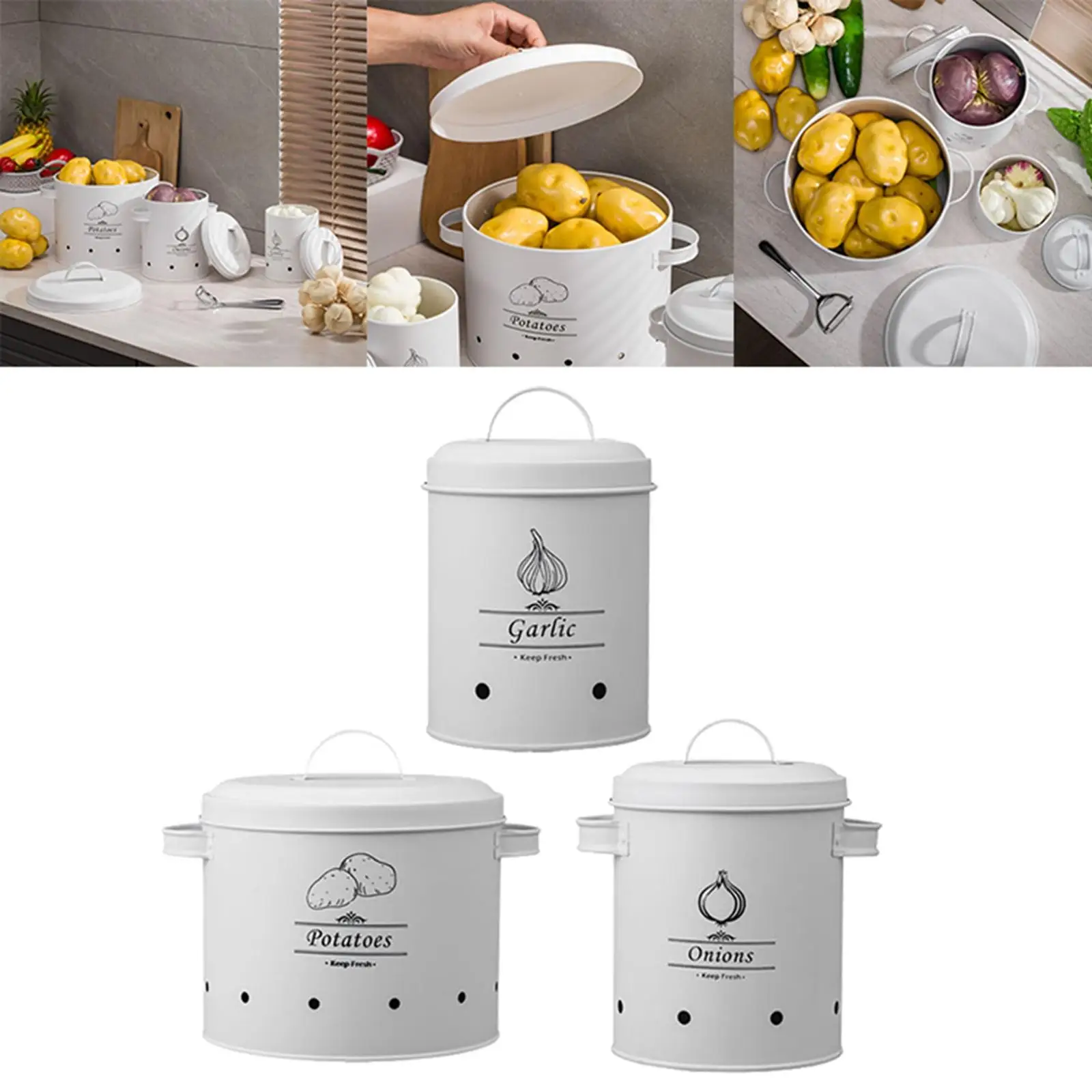 

3Pieces Kitchen Storage Canisters with Airtight Lids Containers Bottle for Tea Potato Onion Garlic Coffee Cafe Home Decoration