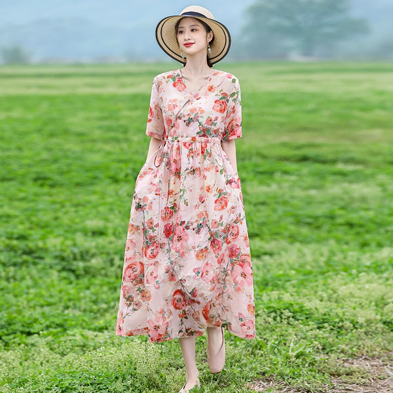 

2023 New Arrival Thin Light Soft Cotton Blend Print Floral Prairie Chic Loose Summer Dress Fashion Women Travel Casual Dress