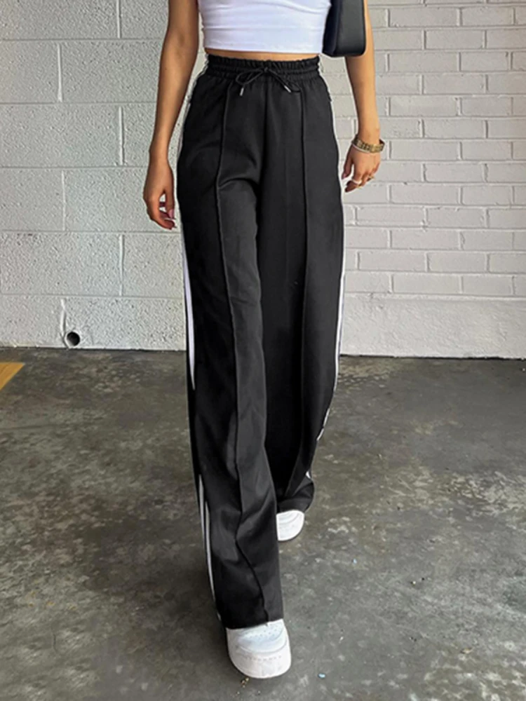 

YIKUO Side Stripe Stitched High Waist Wide Leg Sweatpants For Women 2022 Korean Fashion Casual Hippie Baggy Straight Trousers