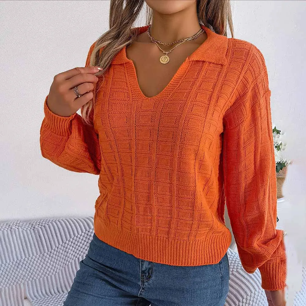 

2023 Women'S Sweater Tops Autumn Winter Long Sleeve Fashion Woman Blouse Vintage Knitted Pullovers Turn-down Solid Loose Sweate