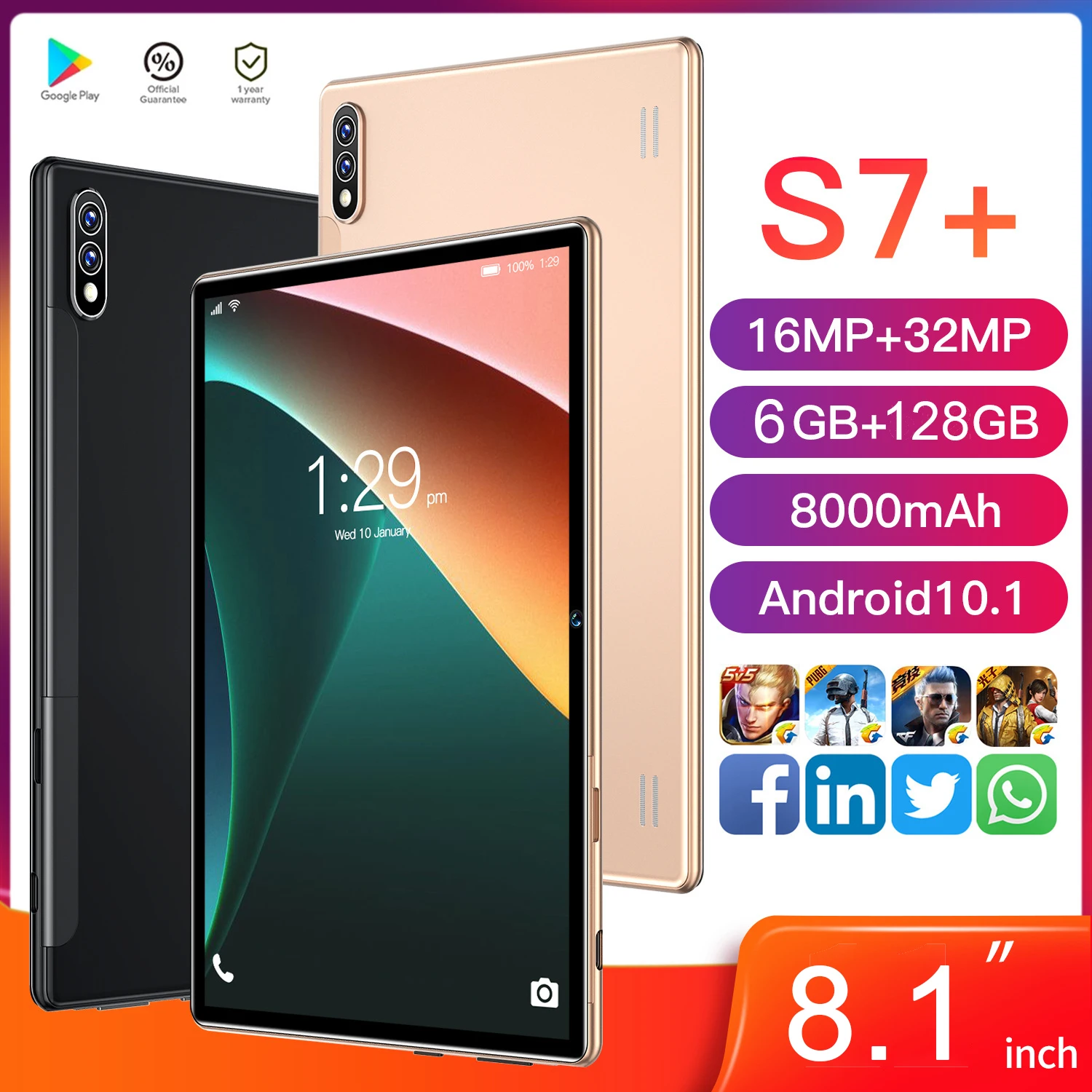 Планшет S7 + WPS на Android 8 1 экран 128 дюйма 10 ГБ |
