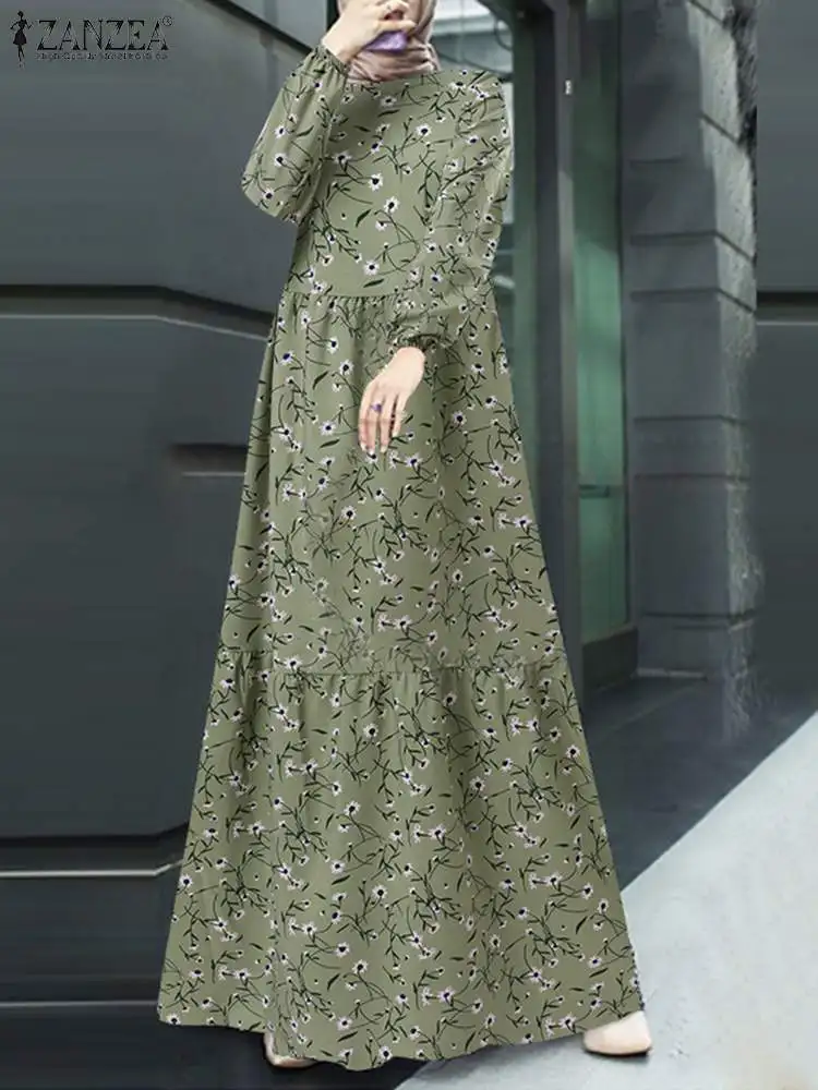 

ZANZEA Floral Printed Full Sleeve O-Neck Maxi Vestidos Women Muslim Dress Femme Kaftan Abaya Holiday Casual Loose Sundress Robe