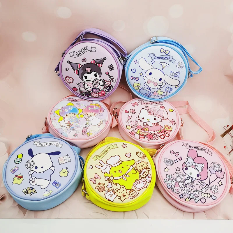 

Новая сумка через плечо из искусственной кожи с аниме Sanrioed Kawaii MyMelody Cinnamoroll Kuromi, сумка-мессенджер, круглая сумка для хранения, подарок для девушки с сердцем