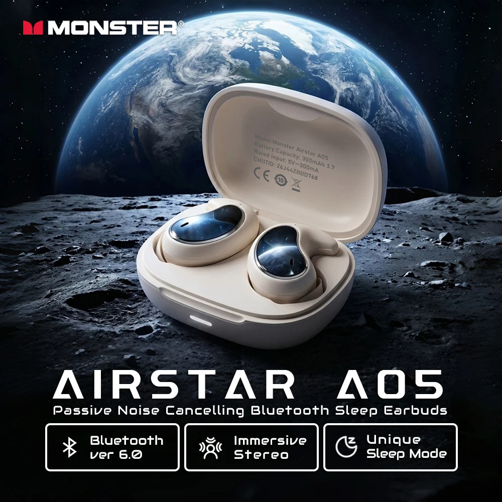 Фото Наушники Monster A05 для сна на боку, Bluetooth 6.0, невидимые, с пассивным шумоподавлением, мощным басом, беспроводные TWS-наушники №1