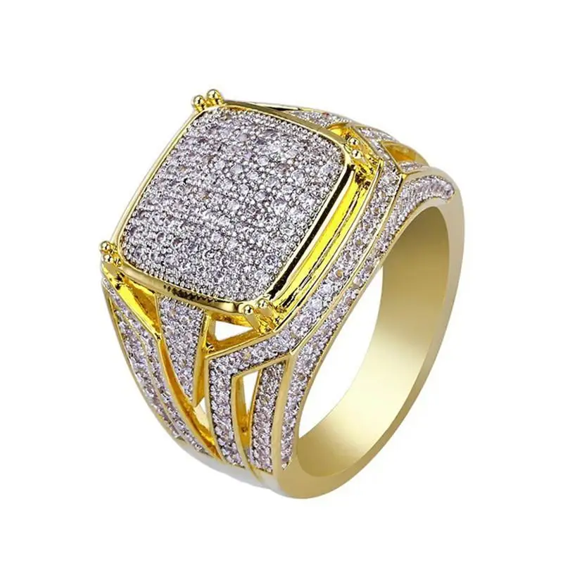 

New Luxury Fashion Full Zircon Pave Cutout Geometric Metal Gold Plated Rings for Men Women Trendy Engagement Wedding Jewelry