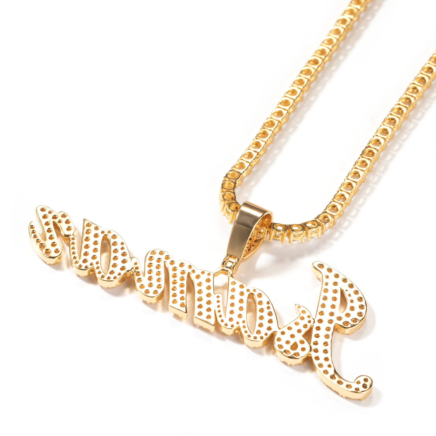 Фото UWIN пользовательская кисть шрифт имя ожерелья Iced Out кубический цирконий выложенная оправа персонализированная подвеска с буквами модные украшения для подарка №3