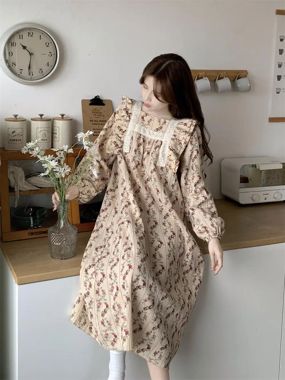 Vintage Floral Print Autumn Nightgown Women Square Collar Long Sleepwear Cotton Casual Night Dress Loose Long Sleeve Homewear
